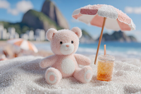 Soft teddy bear with a drink under an umbrella on a beach during a sunny day