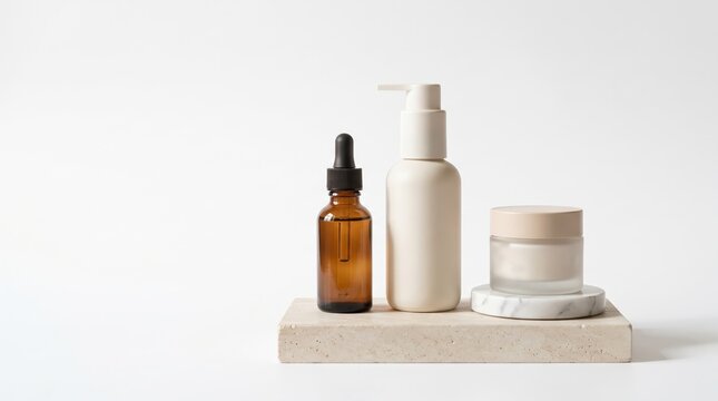 Minimalist skincare products are elegantly arranged on a textured surface, showcasing a serum dropper bottle, a pump dispenser, and a cream jar with a wooden lid.