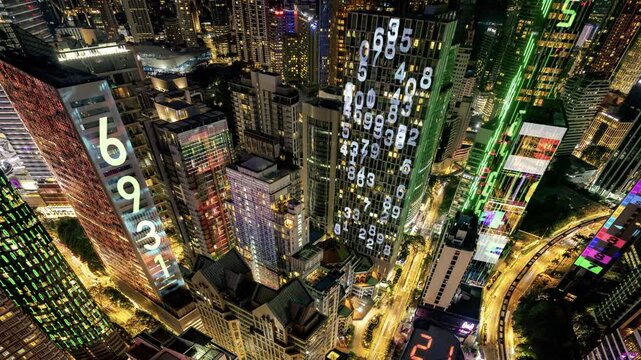 kuala lumpur cyberpunk city with overlayed code and data on the buildings