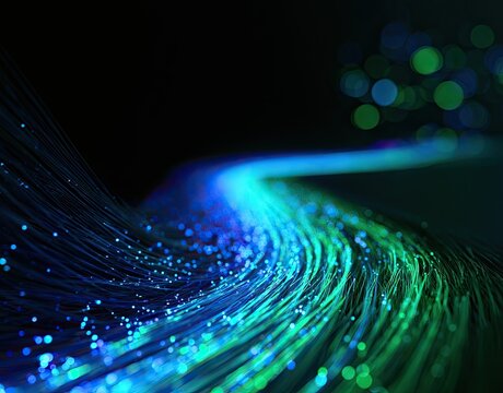 Glowing blue and green strands intertwine, representing digital pathways and data flow