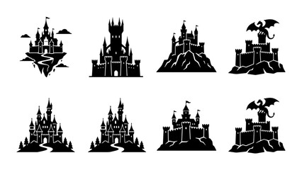Fototapeta premium 70 Fantasy Castle Silhouettes, Medieval Fortress Icons, Gothic Architecture Vector Set, Mythical Dragon Strongholds, Dark Kingdom Structures 100