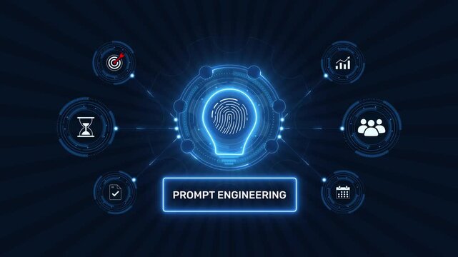Prompt engineering AI model optimization and natural language processing graphic loop with glowing biometric fingerprint icon on dark background