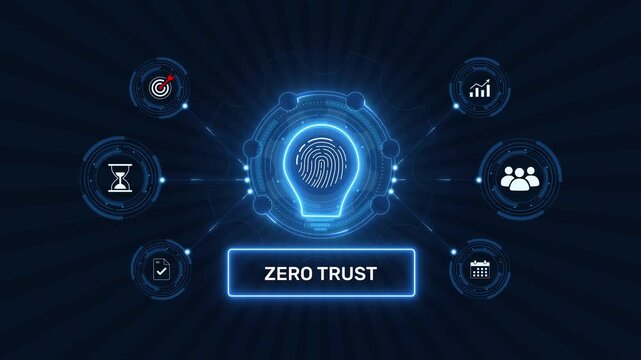 Zero trust cybersecurity architecture and network data protection graphic loop with glowing biometric fingerprint icon on dark technology background asset