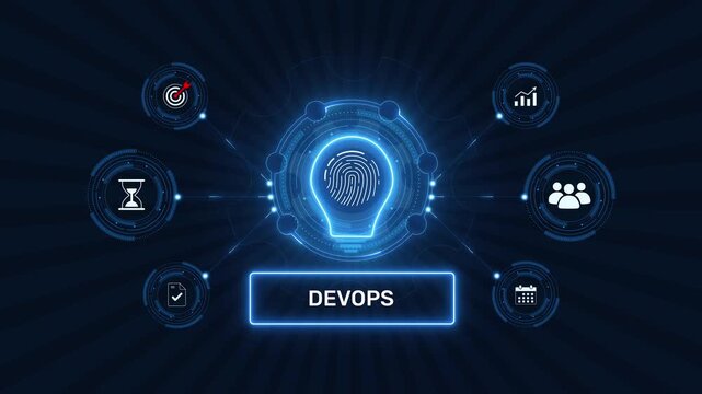 DevOps software development infrastructure and continuous delivery system graphic loop with glowing biometric fingerprint icon on dark background