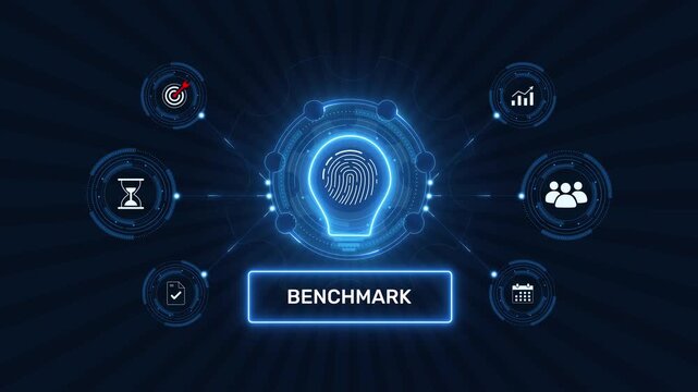 Business performance benchmark and competitive analysis standard graphic loop with glowing biometric fingerprint icon on dark technology background