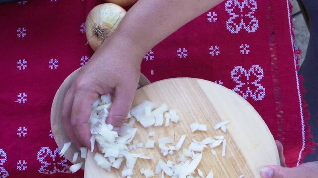 Cutting onion, preparing it for fresh homemade vegetable meal.