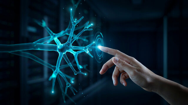 Futuristic digital interface displaying a glowing neuron network being interacted with by a human finger