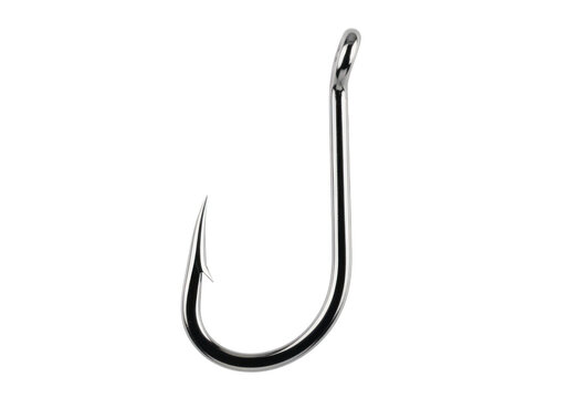 A very smooth and nice single glossy silver metal fishing hook isolated on transparent background