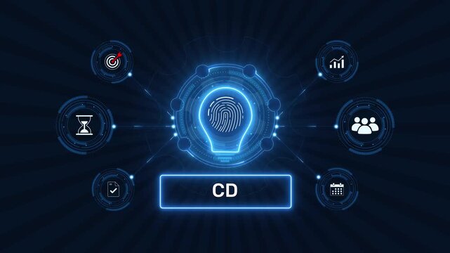 Continuous delivery CD software deployment pipeline and devops graphic loop with glowing biometric fingerprint icon on dark technology background