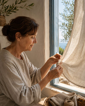 Woman Mending a Linen Curtain Beside an Open Coastal Window