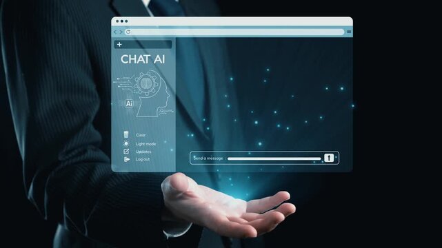 A businessman interacts with a visual representation of AI chat technology, showcasing messaging tools and futuristic communication solutions for modern business settings. Qubit
