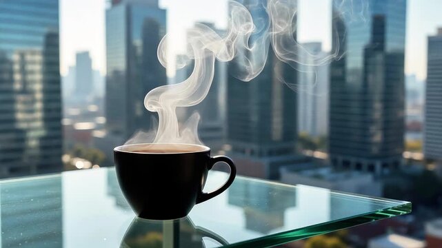 Hot coffee cup steaming on a glass table with urban city buildings background steam morning caffeine beverage drink