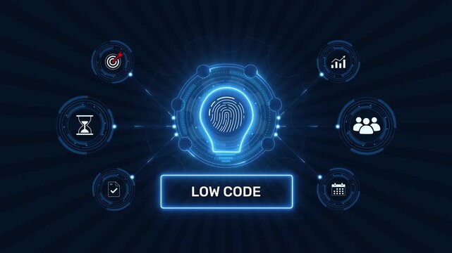 Low code software development platform and rapid app creation graphic loop with glowing biometric fingerprint icon on dark technology background