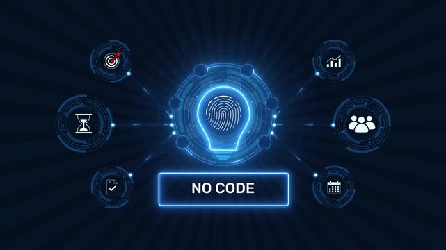 No code software development platform and visual app building graphic loop with glowing biometric fingerprint icon on dark technology background
