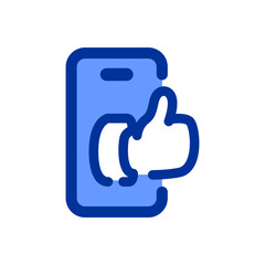 Obraz premium Smartphone with thumbs up like icon featuring blue and white outline flat line color style for mobile social media engagement and feedback elements
