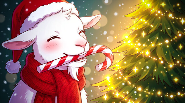 Cute cartoon sheep wears red Santa hat and scarf. Sheep holds red candy cane with content smile. Rosy cheeks show happy, festive expression. Snowflakes fall gently in winter scene