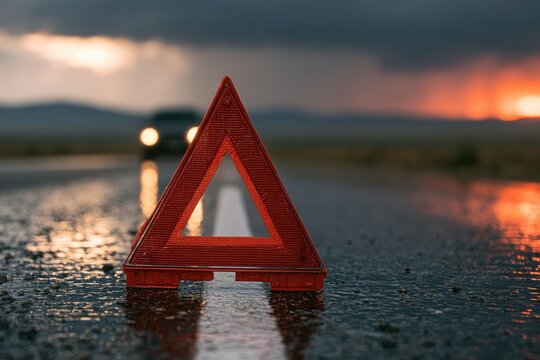 Red warning triangle on wet road, car headlights distant, stormy sunset