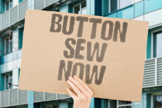 "Button sew now" A loose button hangs by a thread and must be fixed before it falls off. CLOTHING. BUTTON. REPAIR. URGENT. NEEDLE.