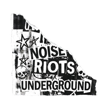 Punk rock collage with text noise riots underground and skulls isolated on transparent background