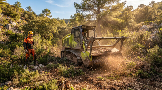 Maquinaria forestal especializada eliminando matorral y restos vegetales, mostrando t&eacute;cnicas modernas de mantenimiento del monte y prevenci&oacute;n de incendios.