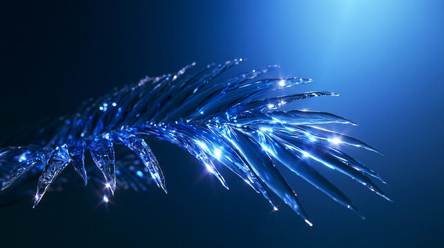 Frozen Palm Leaf Covered in Sparkling Ice and Blue Light