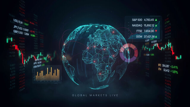 Global financial markets live data displayed with stock charts currency exchange rates and world map visualization