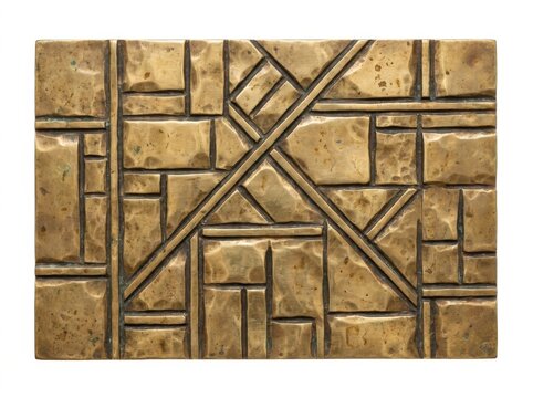 Bronze metal wall panel with a geometric grid pattern featuring rectangular blocks and diagonal lines in a rustic hammered texture finish