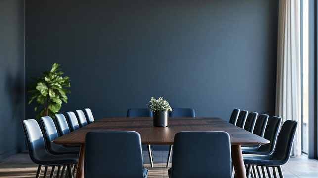 Modern Empty Conference Room with Wooden Table and Navy Wall