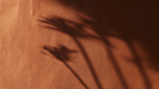 Palm Leaf Shadow Cast on Terracotta Textured Wall