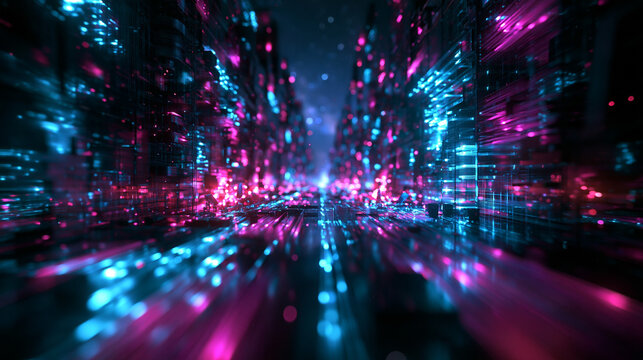 Futuristic Digital Data Stream and Cyberpunk City Skyline
