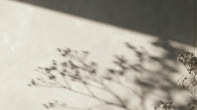 Soft Floral Plant Shadow on Neutral Plaster Wall Background