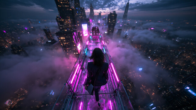 Business Woman Walking on Skybridge Over Futuristic Cyberpunk City