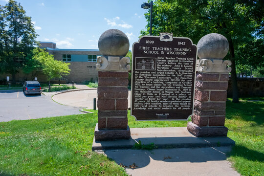 Wausau WI, USA - Jul 12, 2026: A historical marker commemorates the First Teachers Training School in Wisconsin