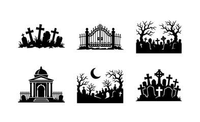 Fototapeta premium 70 Spooky Halloween Cemetery Silhouettes, Gothic Tombstones and Gates, Eerie Night Scenes Vector Set 100