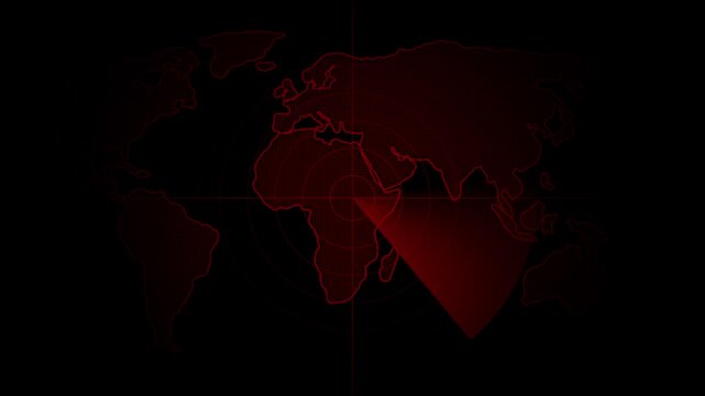 World map radar screen. Radar display showing enemy position. Navigation radar display. Motion graphics of radar concept