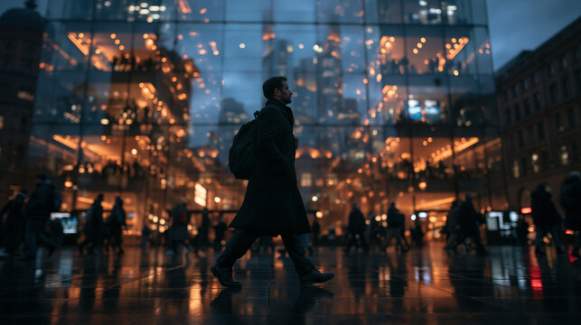 Commuter Walking Through Modern City Street at Night