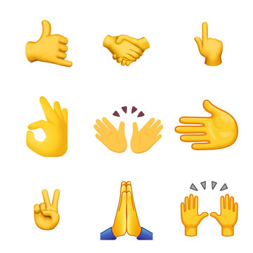 Set of 3D yellow emoji hands expressing various gestures and communication signs isolated on transparent background, PNG
