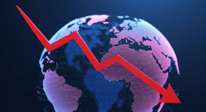 Red arrow pointing down over a digital earth globe representing economic decline and crisis