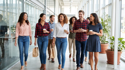Obraz premium A group of happy diverse office workers in casual clothes walk together down a bright modern corporate hallway laughing and talking cheerfully during a short lunch break.