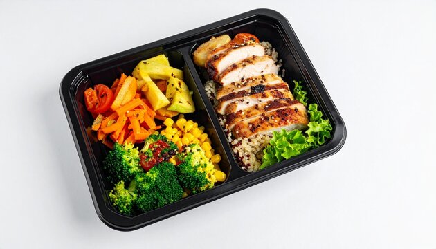 Balanced meal with grilled chicken, fresh vegetables, and grains in a sleek container, showcasing nutrition, color, and clean presentation.