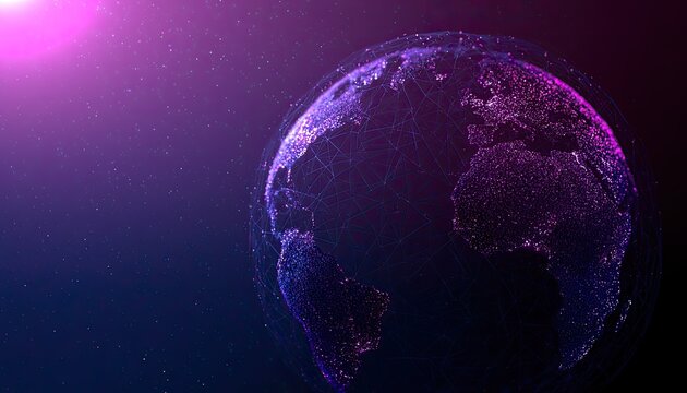 Illuminated digital globe with network connections against starry purple backdrop