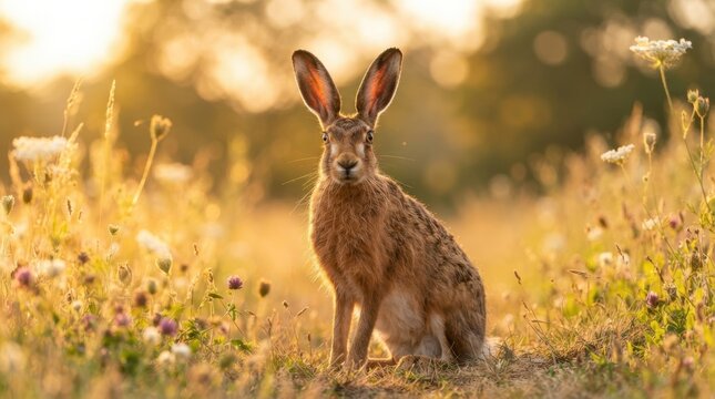 Brown hare sitting in a field of wildflowers during golden hour sunset