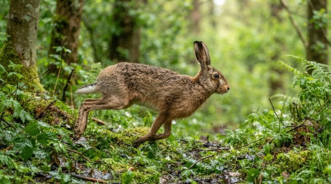 Brown hare running through a lush green forest on a rainy day