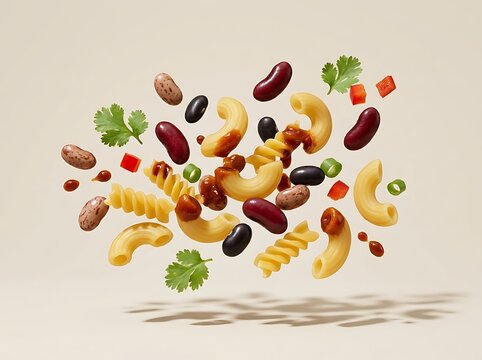 A vibrant artistic composition of chili mac ingredients floating in mid-air isolated on a neutral background studio shot