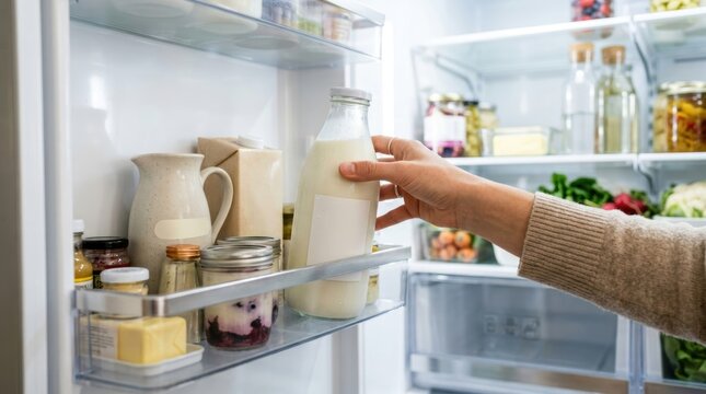 Hand reaching for a glass bottle of milk inside a well-stocked refrigerator