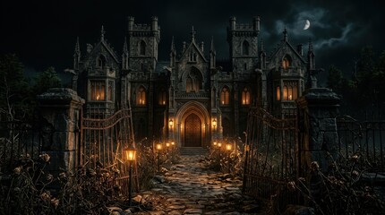 Fototapeta premium Spooky gothic mansion entrance at night with eerie moonlight and flickering lanterns