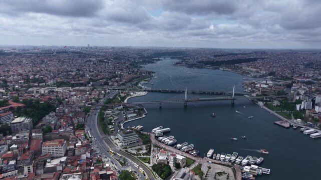 Cinematic Hali&ccedil; Bridge and Istanbul Golden Horn Aerial