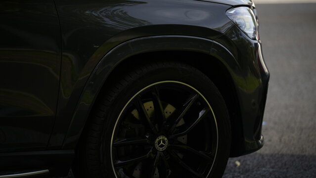 Mercedes Benz GLS SUV detail showing premium wheel design, body styling and automotive engineering features
