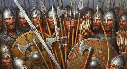 Obraz premium A medieval army is ready for battle, warriors equipped with spears, swords, shields, bows, and axes, demonstrating their preparedness for combat