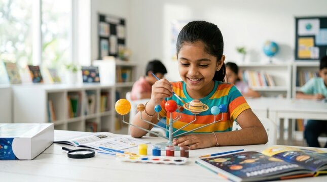 Young student enthusiastically paints a solar system model in a bright classroom setting